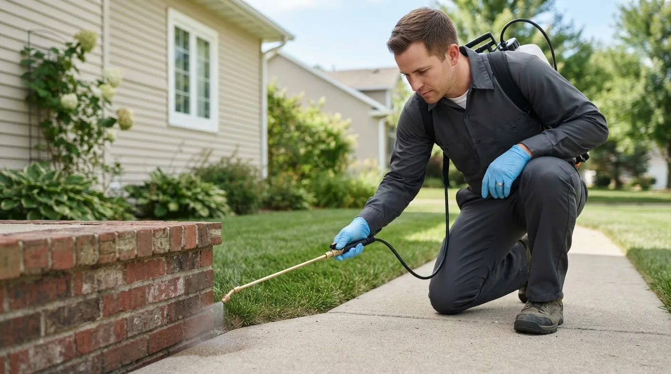 Pest control technician treating a home near Roxbury, VT